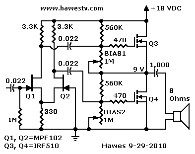 Schematic: Quasi-complementary circuit with two-FET phase splitter