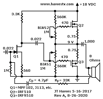 Schematic: Quasi-complementary circuit with two-FET phase splitter & parallel drivers