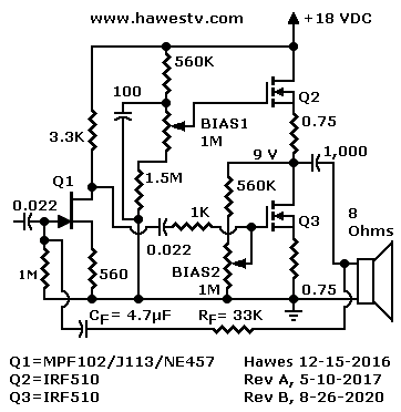 Schematic: Quasi-complementary circuit with two-FET phase splitter