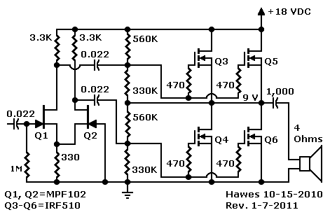 Schematic: Quasi-complementary circuit with two-FET phase splitter & parallel drivers