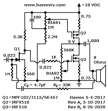 Schematic: Quasi-complementary circuit with two-FET phase splitter