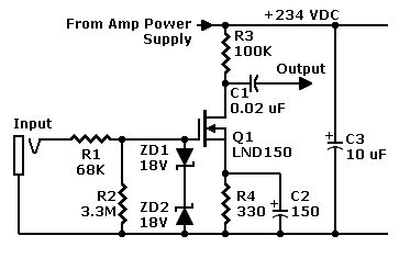 Schematic: High-impedance 
       preamplifier with LND150 MOSFET. Easy to build. Runs on tube B+ voltage. Mouser stocks most parts.