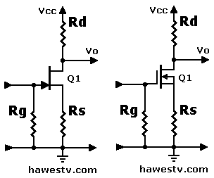 Schematic: Typical 
          N-channel, enhancement FET amplifier using 3-resistor biasing (recommended