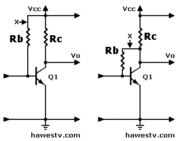 Schematic: Typical 
          NPN amplifier using 2-resistor biasing (Inadvisable circuit)