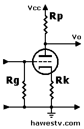 Schematic: Typical 
          triode vacuum tube amplifier using 3-resistor biasing (recommended