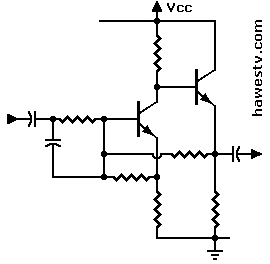 Schematic: Direct- 
          coupled microphone preamp with two transistors