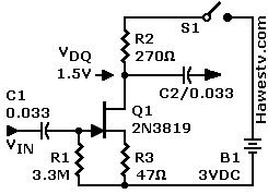 Schematic: My design for a JFET preamp that operates in 
       Triode Mode