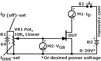 Schematic: 
           Fancier circuit to measure Idss, Vp. Requires two batteries.
