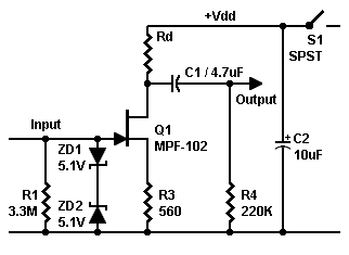 Schematic for JFET preamp at different power voltages