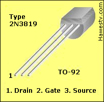 Pinout drawing for 
             Type 2N3819 JFET, which is compatible with MPS102. Careful! The footprints differ.