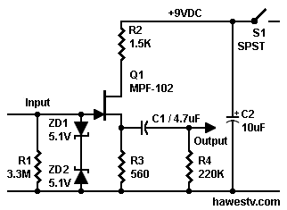 Schematic: JFET attenuator 
for loud players