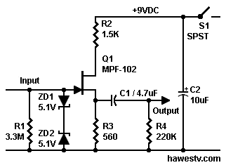 Schematic: JFET attenuator 
for loud players