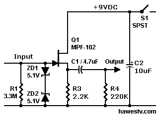 Schematic: JFET 
standard buffer with voltage gain of 1