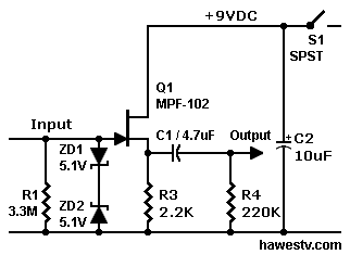 Schematic: JFET 
standard buffer with voltage gain of 1