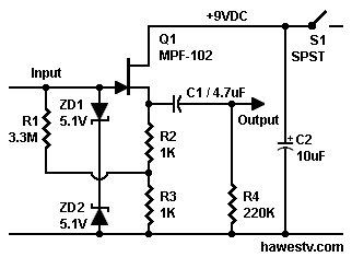 Schematic: JFET phase 
splitter with voltage gain of 1