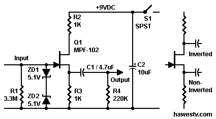 Schematic: JFET phase 
splitter with voltage gain of 1