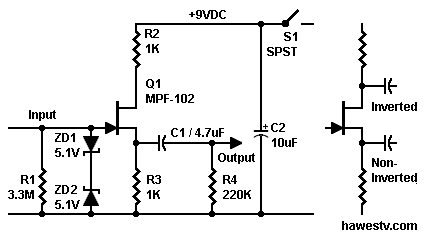 Schematic: JFET phase 
splitter with voltage gain of 1