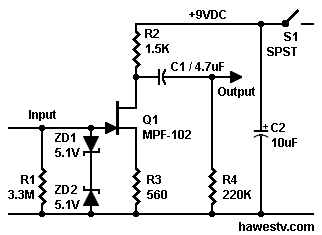 Schematic: High-impedance 
       preamplifier with MPF102 JFET. Easy to build. Battery-powered. Radio Shack stocks most parts.