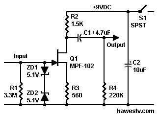 Schematic: High-impedance 
       preamplifier with MPF102 JFET. Easy to build. Battery-powered. Radio Shack stocks most parts.