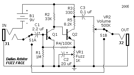 Schematic: Fuzzbox with 
       NPN, silicon transistors. Easy to build. Battery-powered. Radio Shack stocks most parts.