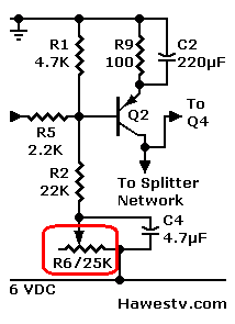 Art: Partial schematic, showing Meyer '66 recovery amp, Q2 with adjustment pot R8, 25K