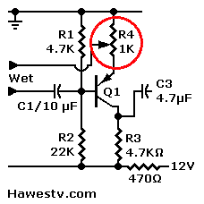 Art: Partial schematic, showing Meyer '66 recovery amp, Q1 with adjustment pot R4, 1K