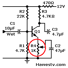 Art: Partial schematic, showing Meyer '67 recovery amp, Q1 with adjustment pot R4, 1K
