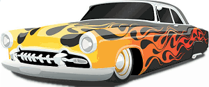 Art: Low rider 
       car with flameout paint job