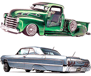 Art: Low
       rider chevy truck and hardtop sedan