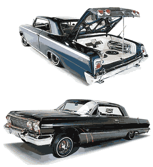 Art: Two low
       rider sedans: Top, back view with open trunk. Bottom: Front view.