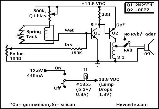 Partial schematic, Allied 2-transistor reverb amp