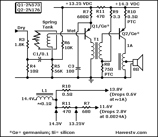 Partial schematic, Ford Studiosonic 2-transistor reverb amp