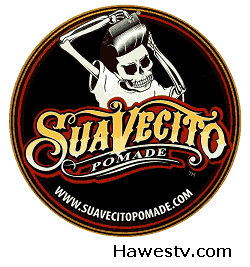 Art: Label from Suavecito 
       pomade, showing famous skeleton with a Pompadour haircut
