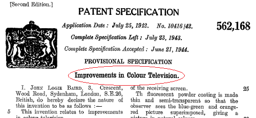 Top of actual Telechrome patent, 1942