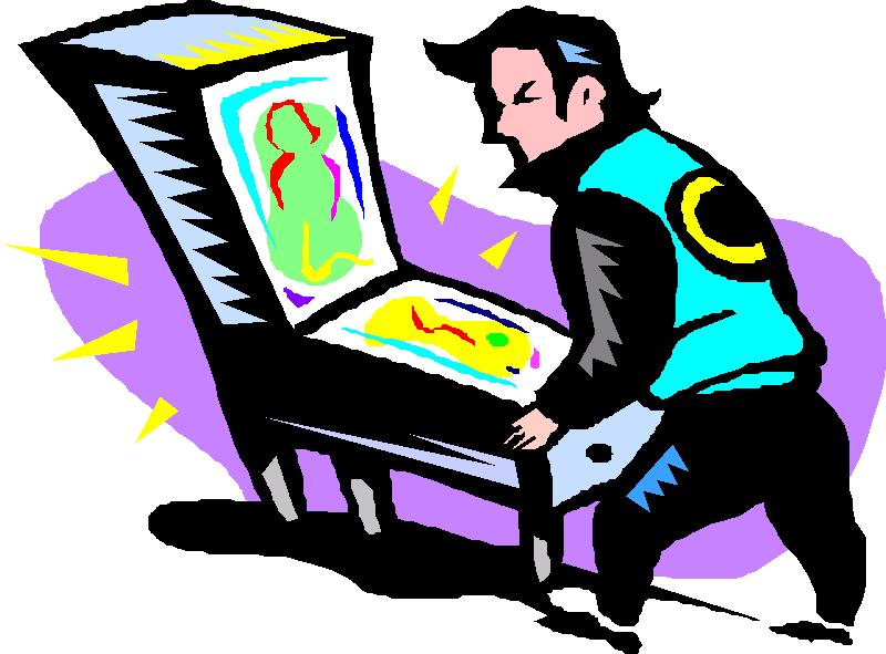Cartoon of Elvis-like character
    playing a classic pinball machine. Elvis is perfect, because he's a natural for the 
    pinball stance. <i>Viva</i> Black Knight!