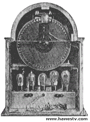 Photo: Rear, Globe TV, showing scanning disc, crater tube and 8-tube chassis (5 tubes are visible).