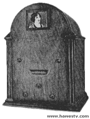 Photo: Front, 
       advanced mechanical TV set with crater tube, broadband shortwave band receiver and lens disc. 
       From Globe Television and Phone Corp., 1932.