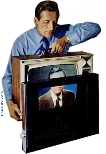 Photo: Ronald M. Benrey holding a black-and-white, 20-inch
       TV behind a Spectrac scanner. Top of image (above scanner) is monochrome. Rest of
       image (behind scanner) is color!