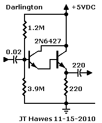 Schematic: Darlington buffer 
      for 5-volt operation