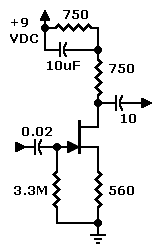 Schematic: Bass booster with fixed values. Click drawing for example with variable boost.