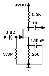 Schematic: Treble booster with fixed
       values. Click drawing for example with variable boost.