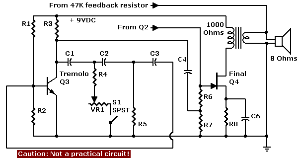 Schematic: Solid GA-1RT, tremolo & final JFET stage. CAUTION: Not a practical circuit.