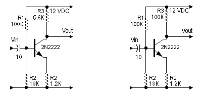 Schematic of normal amplifier and clipping amplifier. Difference is collector resistor.