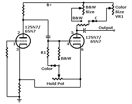 Generic schematic of horizontal or vertical, cathode-coupled multivibrator 
(mechanisches Farbfernsehen, frei schwingender Multivibrator)