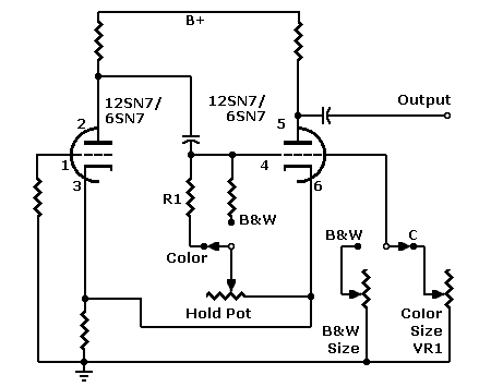 Generic schematic of vertical, cathode-coupled multivibrator for Belmont & Hallicrafters models (mechanisches Farbfernsehen, frei schwingender Multivibrator)