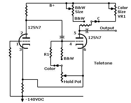 Generic schematic of horizontal or vertical, cathode-coupled multivibrator 
(mechanisches Farbfernsehen, frei schwingender Multivibrator)
