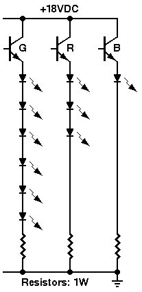 Schematic: Example: 18-volt, three-color driver circuit 
     (Farbfernsehen, gruen, rot, blau)