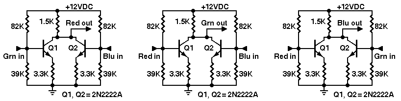 Schematic: Inverting mixer circuits. Produce missing color
    from other two color inputs. For example, feed in red and blue. Circuit
    produces green.