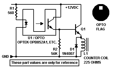 Schematic: 
     Experimental circuit for electromagnetic counter driver