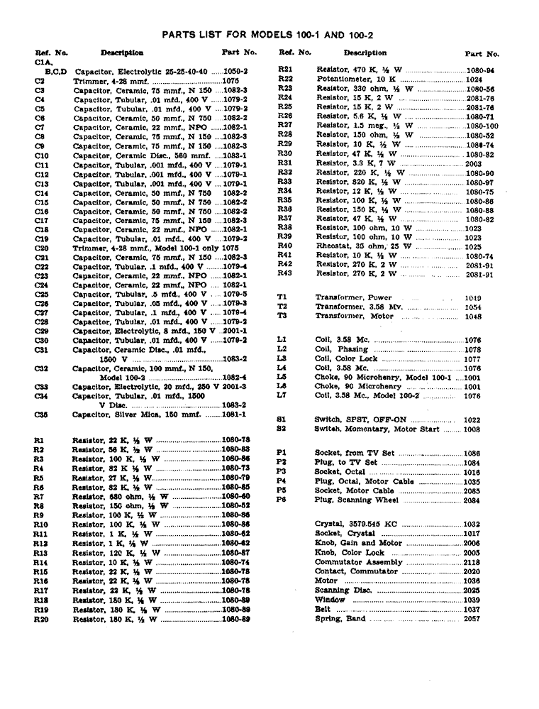 Col-R-Tel Parts List from Color Converter, Inc. (1955)